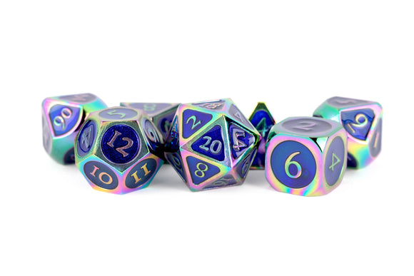 16MM Metal Poly Dice Set Rainbow with Blue Enamel